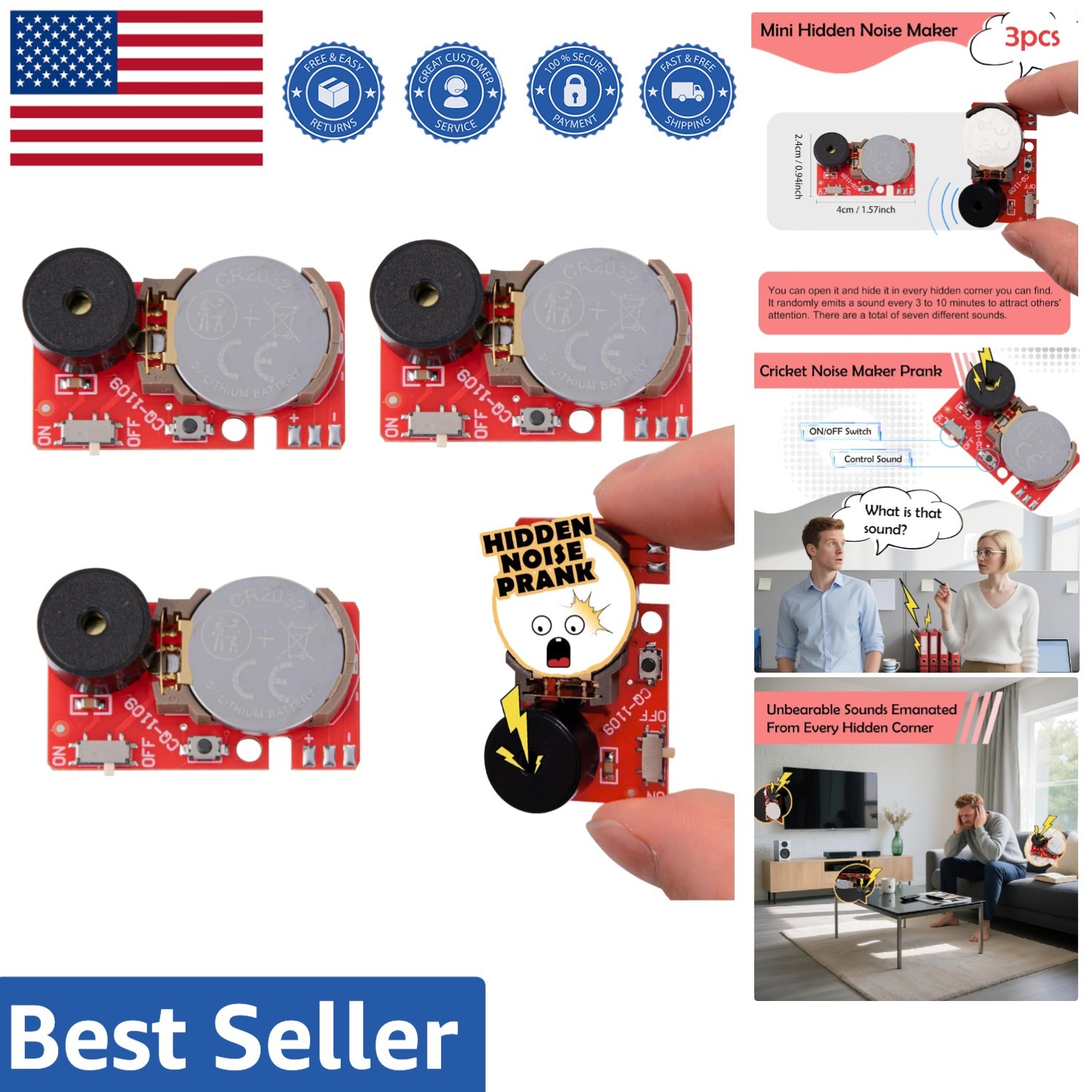 Red Mini Hidden Noise Makers – 3-Pack with Unique Sounds for Hilarious Pranks