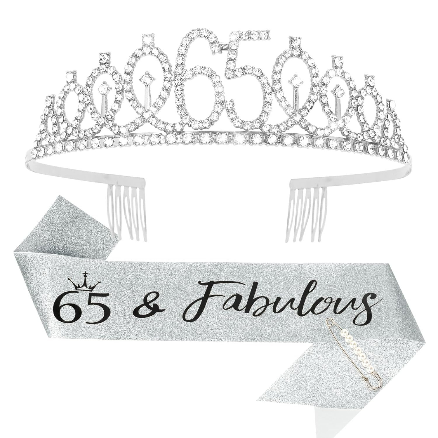 65th Birthday Crown and Sash Set Rhinestone Tiara Party Decorations Women Kit