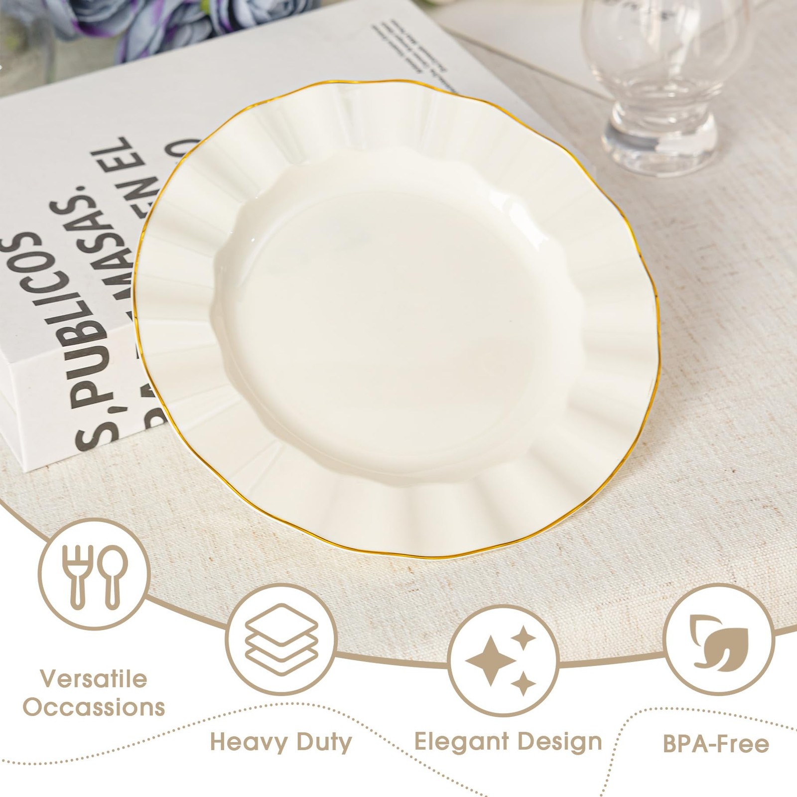 100 Pack Ivory Plastic Plates with Gold Rim, 7in Disposable Wave Edge Dessert…
