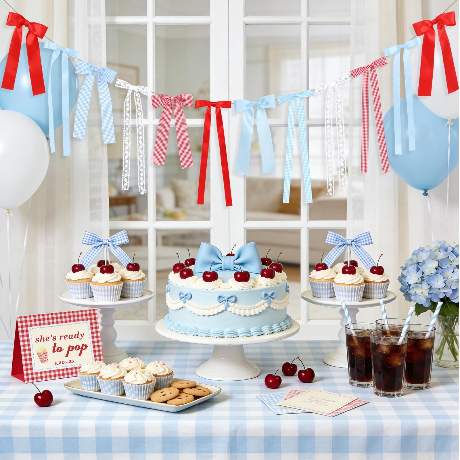 Cherry Blue Gingham Bow Garland, White Lace and Red Blue Gingham Bow Garland Ri