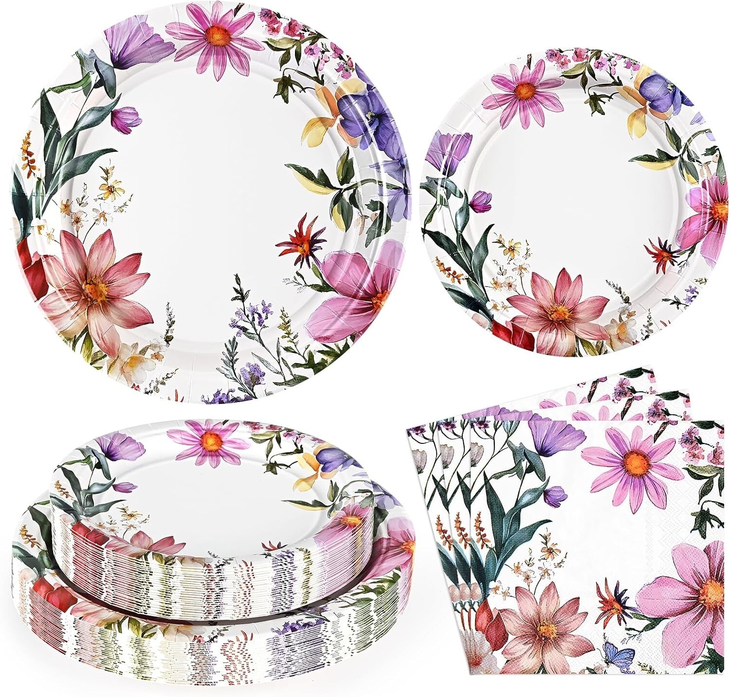 100 Piece Summer Floral Disposable Contemporary Multicolor Set (Plates, Napkins)