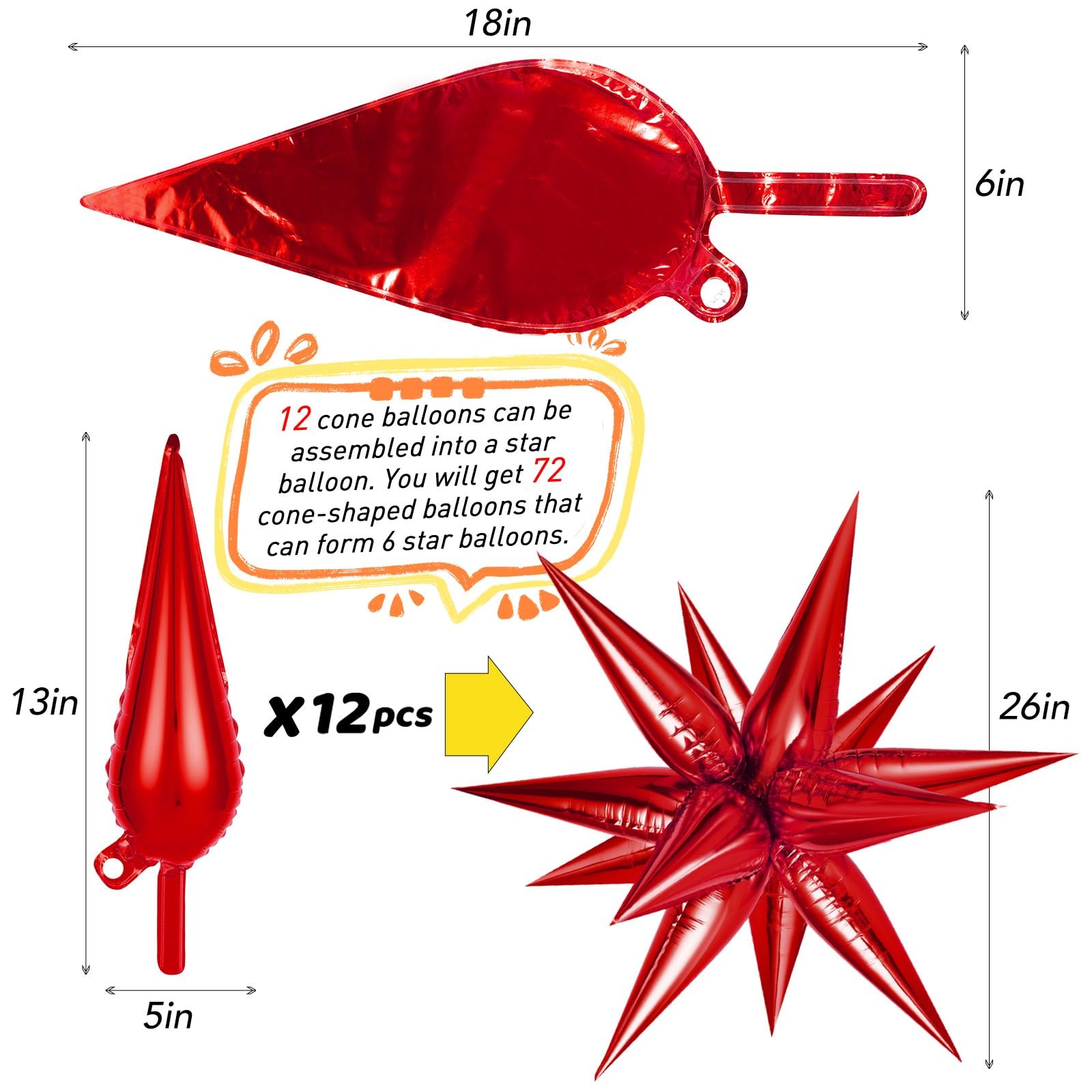 Red Star Foil Balloons, 36 PCS Explosion Cone Balloons, 12 Point 26 Inch Larg