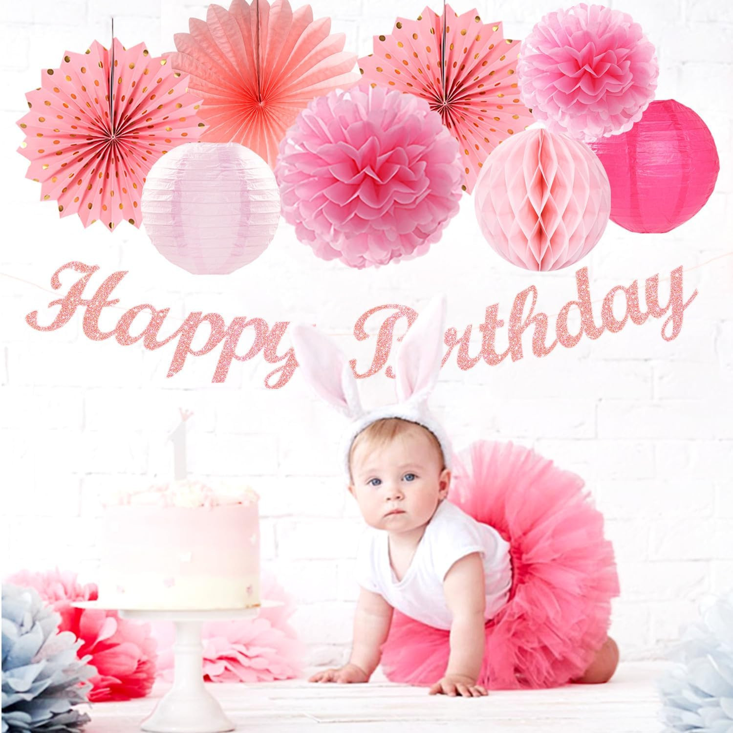 Light Hot Pink Birthday Party-Decorations – 21Pcs Girl Happy Banner,Paper Lanter