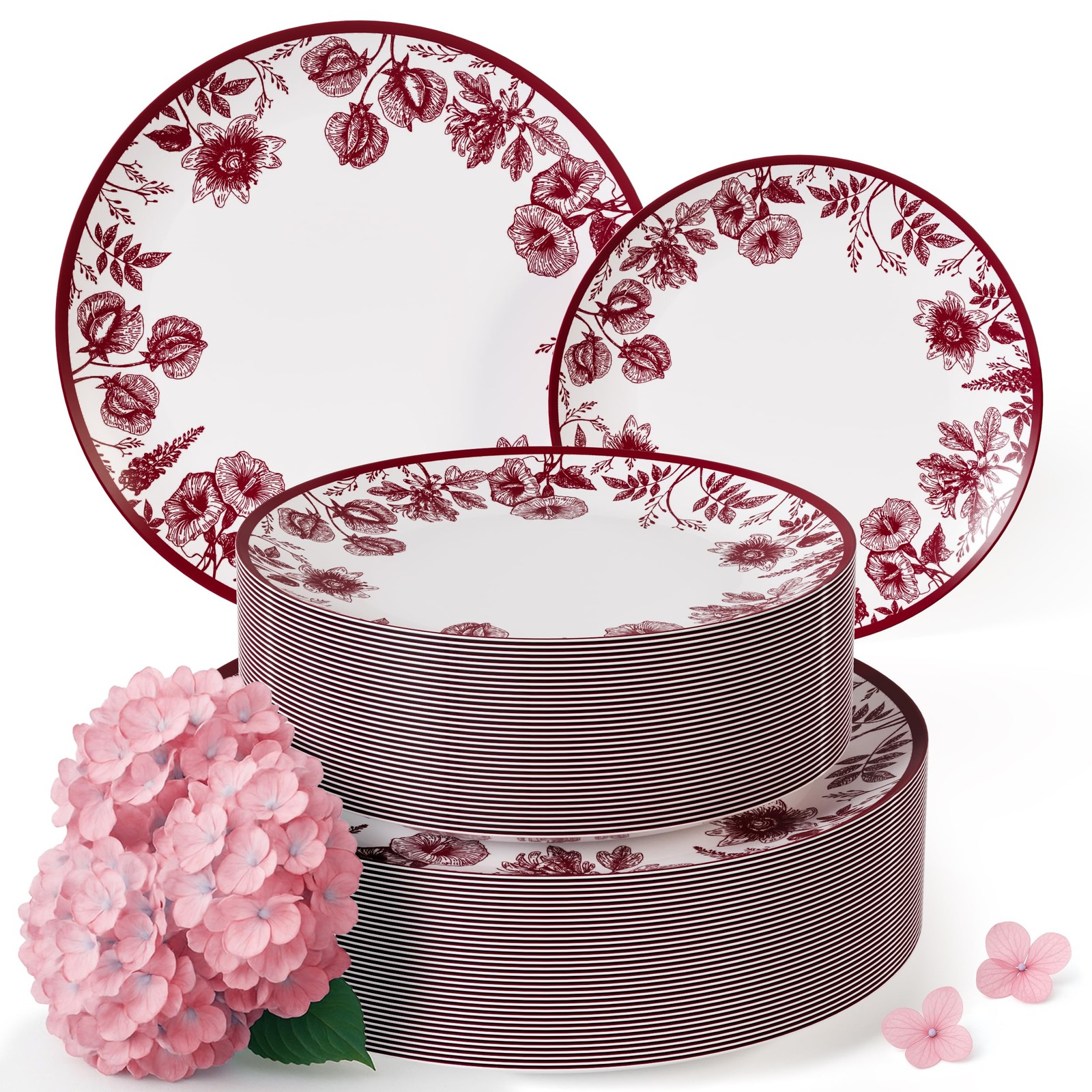 Trendables Burgundy Floral Disposable Party Plates Plastic Dinnerware Set