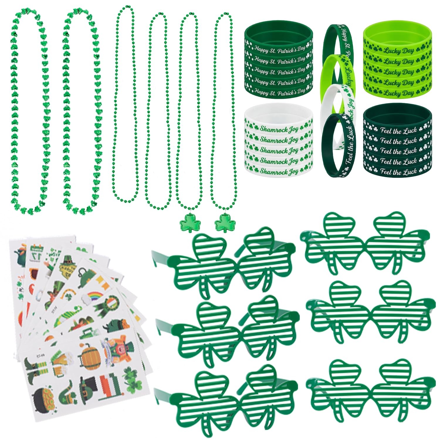 St. Patricks Day Party Favors Set Shamrock Glasses Necklaces Bracelets Tattoos S