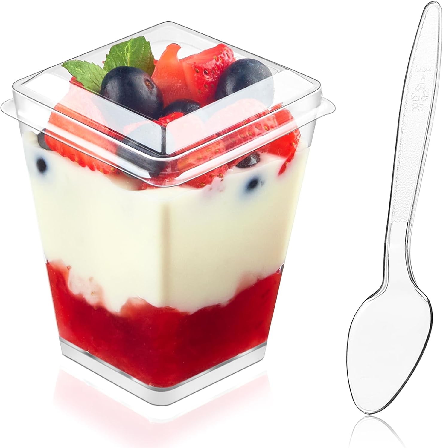 5 oz Dessert Cups with Lids and Spoons, 50 Pack | Disposable, Plastic, Clear,