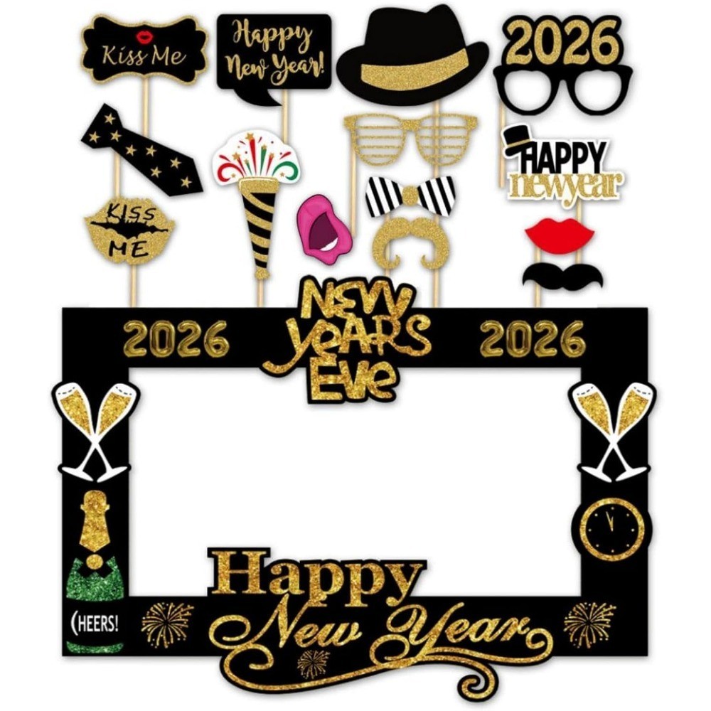 2026 Glitter Happy New Year’s Eve Party Photo Booth Props Supplies with Paper
