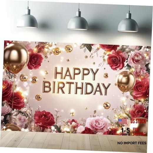 Red and Gold Happy Birthday Backdrop Banner Elegant Photography Rose Floral