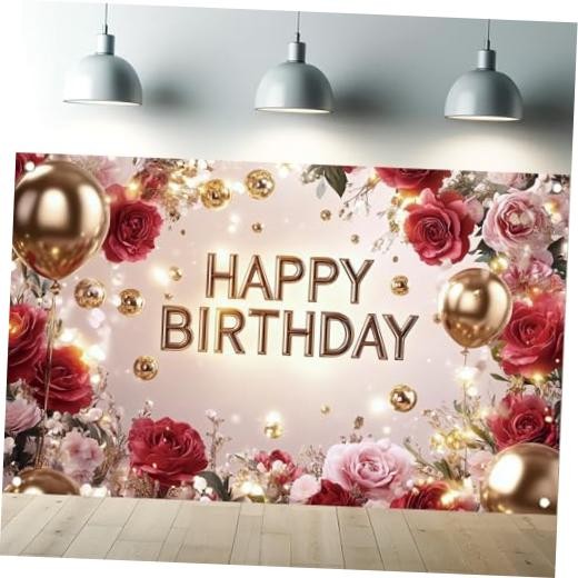 Red and Gold Happy Birthday Backdrop Banner Elegant Photography Rose Floral