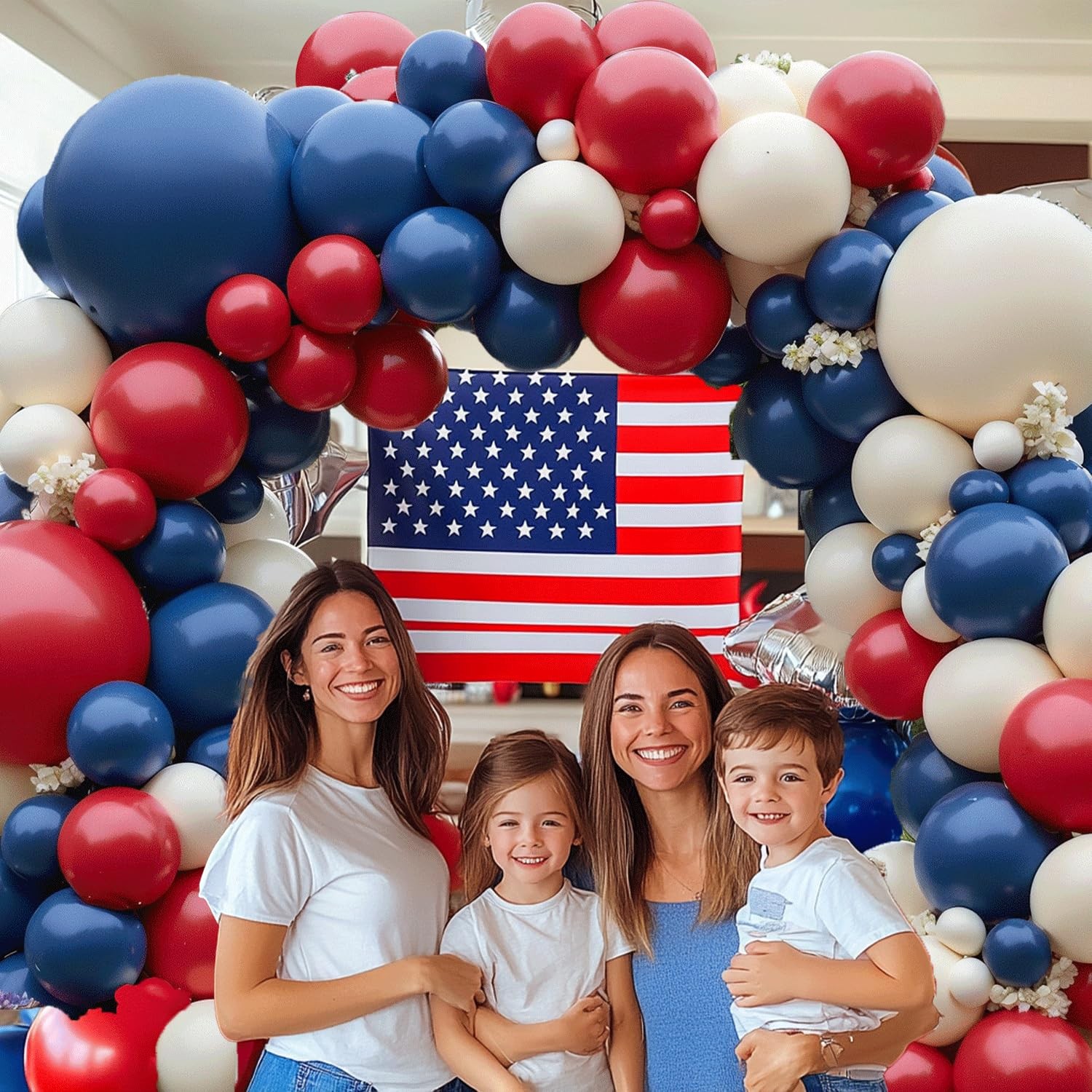 Red White Blue Balloons Arch Kit, Double Stuffed Dark Ruby Red Navy Blue Ivory W