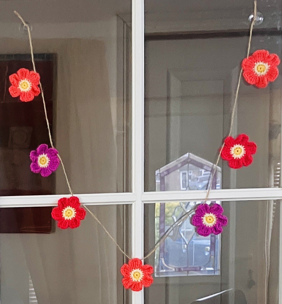 🌸NEW Hand Crochet PRETTY jute 7 Flowers Bunting Window Camper Summer 35” Gift