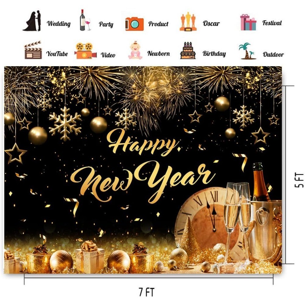7X5ft 2026 Happy New Year Party Backdrop Fabric Sign Poster Banner with Pattern
