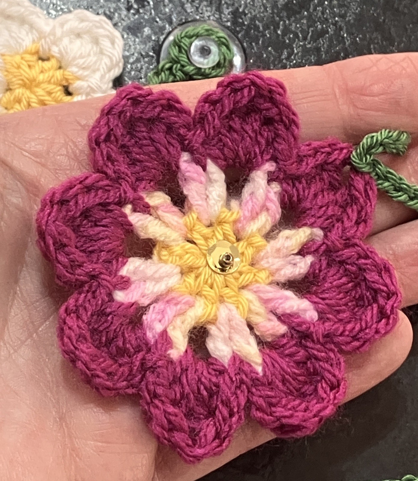 🌺NEW Hand Crochet Flowers window long Bunting Sequin Camper SUMMER 60” Gift