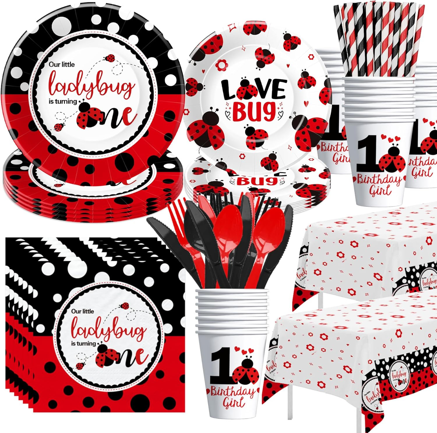 Ladybug 1st Birthday Party Supplies Set Tableware Kit for 24 Guests