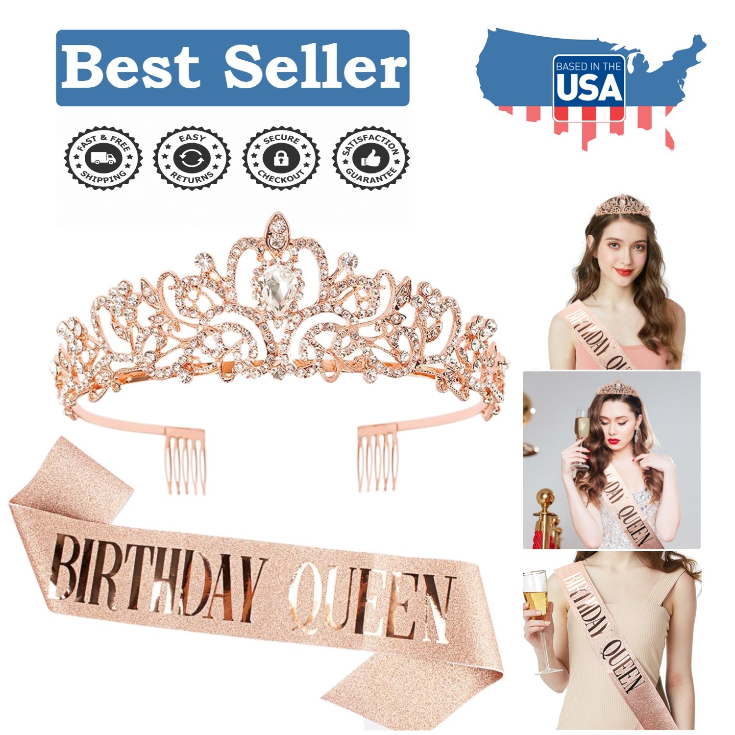 Elegant Rose Gold Birthday Sash and Tiara Set – Perfect for The Birthday Queen