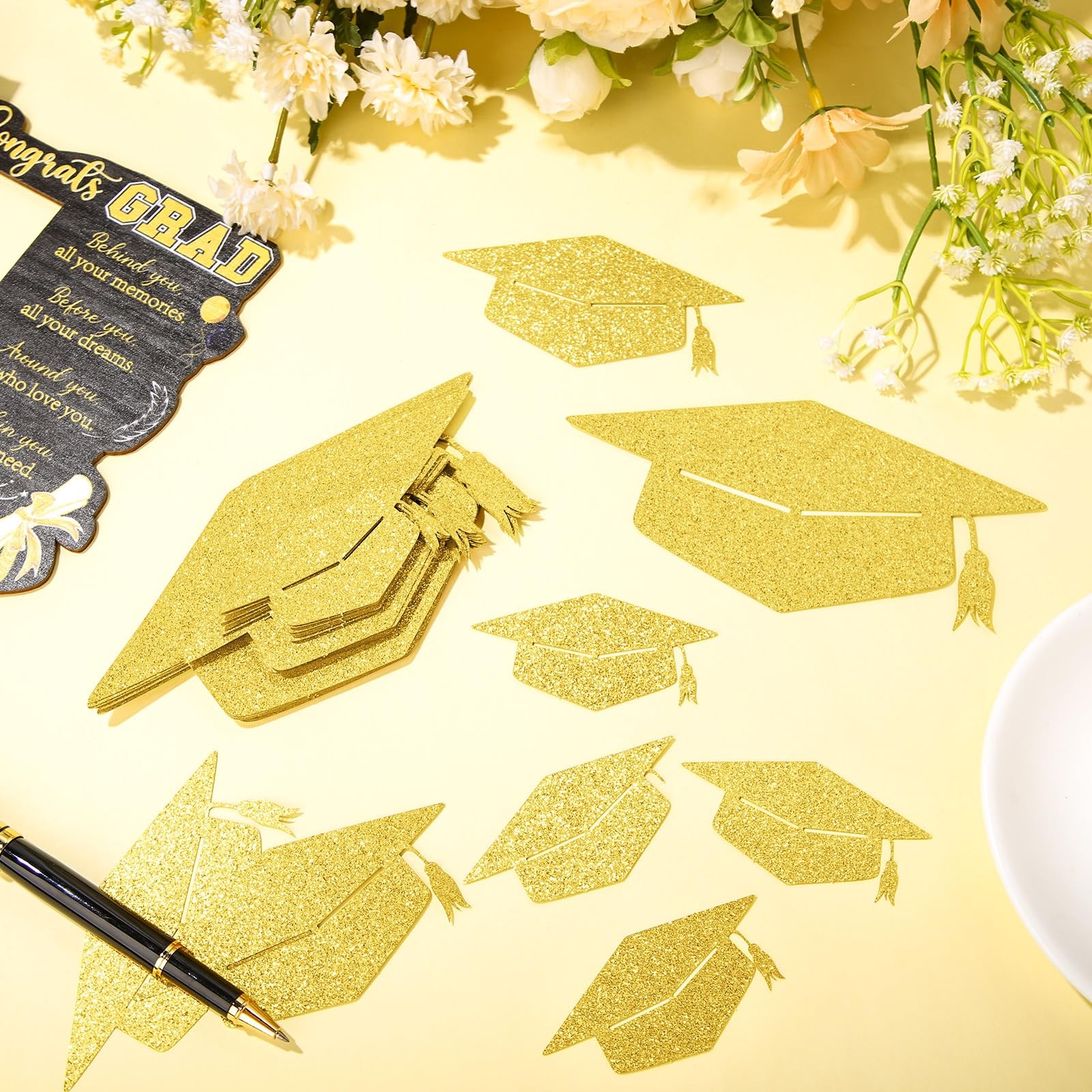 120 PCS Gold Glitter Grad Caps Cutouts Glue Points Class Of 2025 Tags