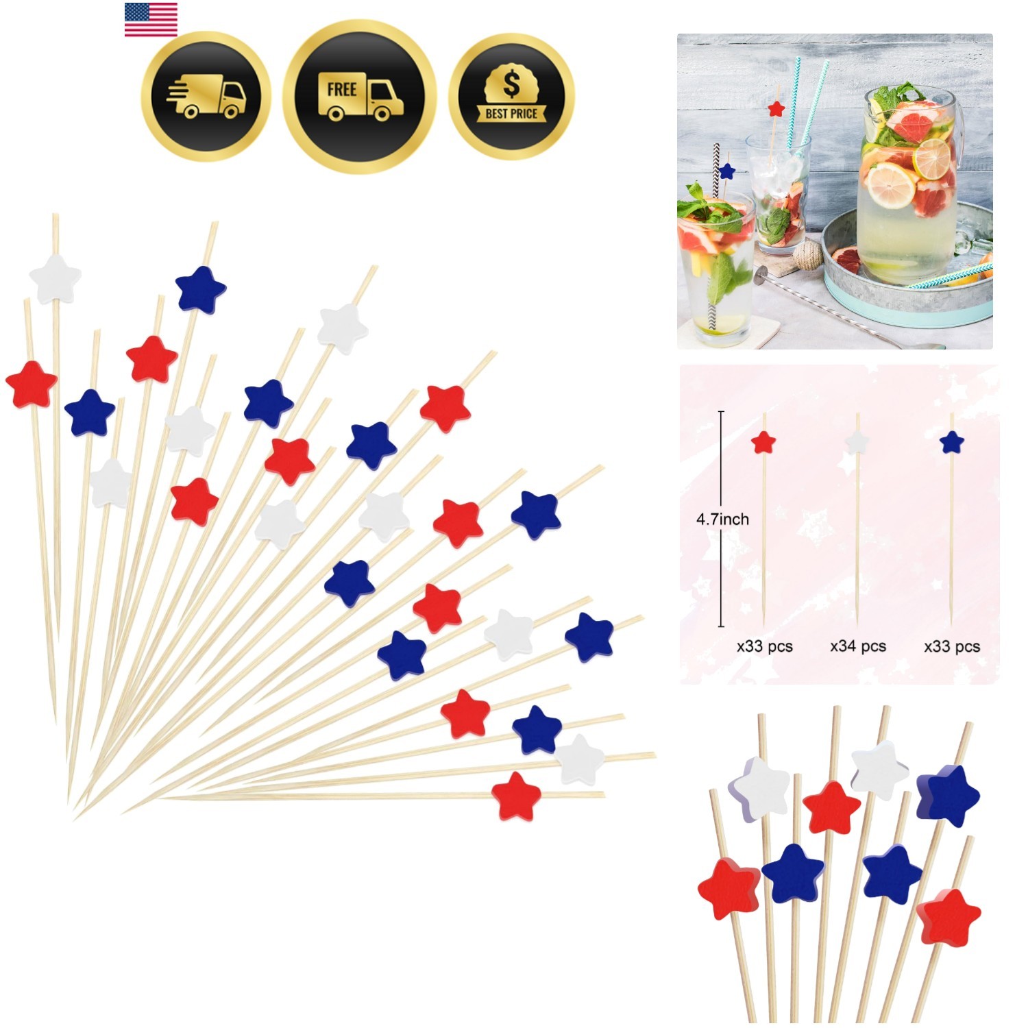 100 Counts 4.7 Inch Star Cocktail Picks Red White Blue Star Decorative Toothp…