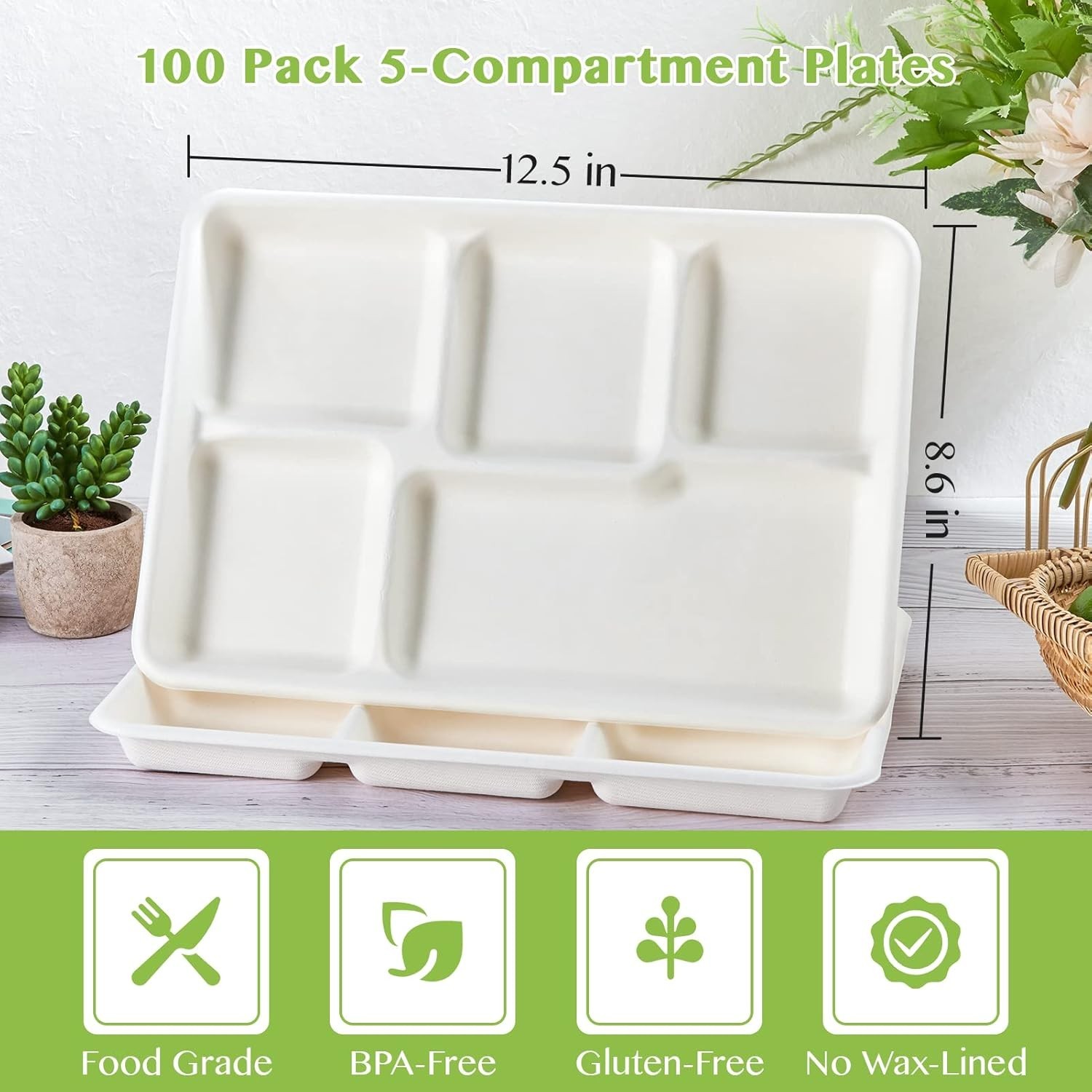100% Compostable 5 Compartment Plates, 100 Pack Disposable Compartment Paper …