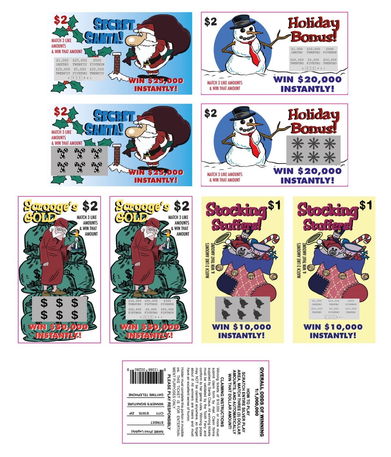4 Fake Lottery Tickets Christmas designs 4 Assorted Designs Free Shipping