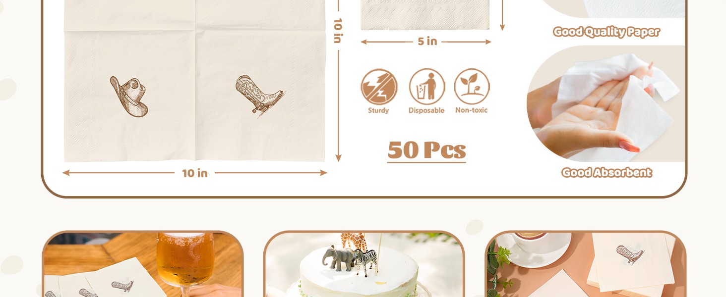 50Pcs Western Cowboy Cocktail Napkins, Brown Boot & Hat | Cowgirl Beverage