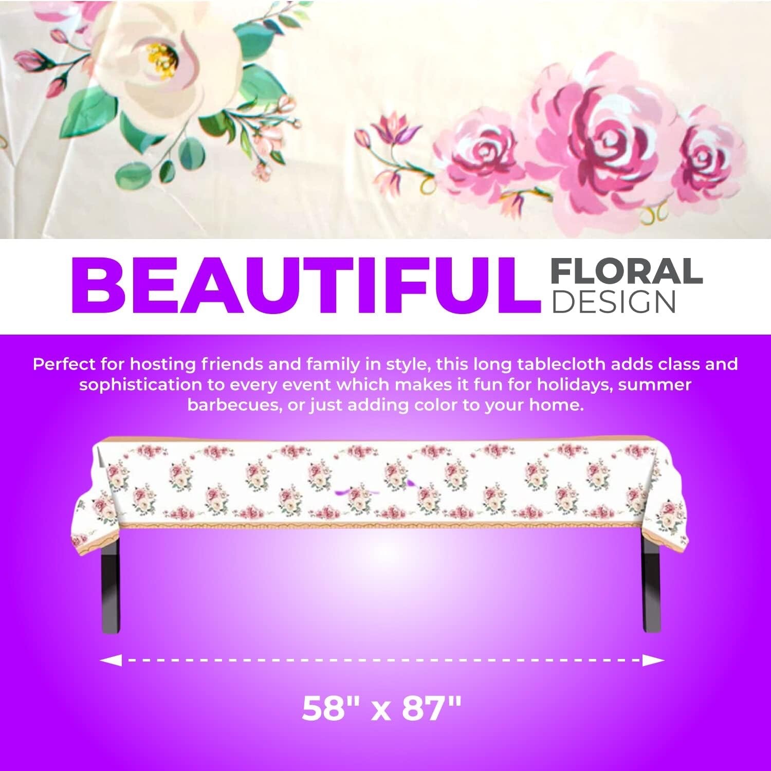 Vintage Style Table Cover Plastic Tablecloth Tea Party Floral Rectangle 58”x87”