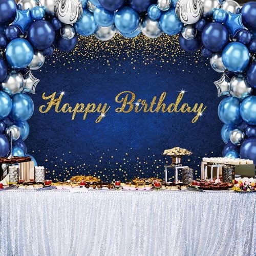 7x5ft Birthday Backdrop Happy Birthday Background Banner Gold 7X5ft Dark Blue