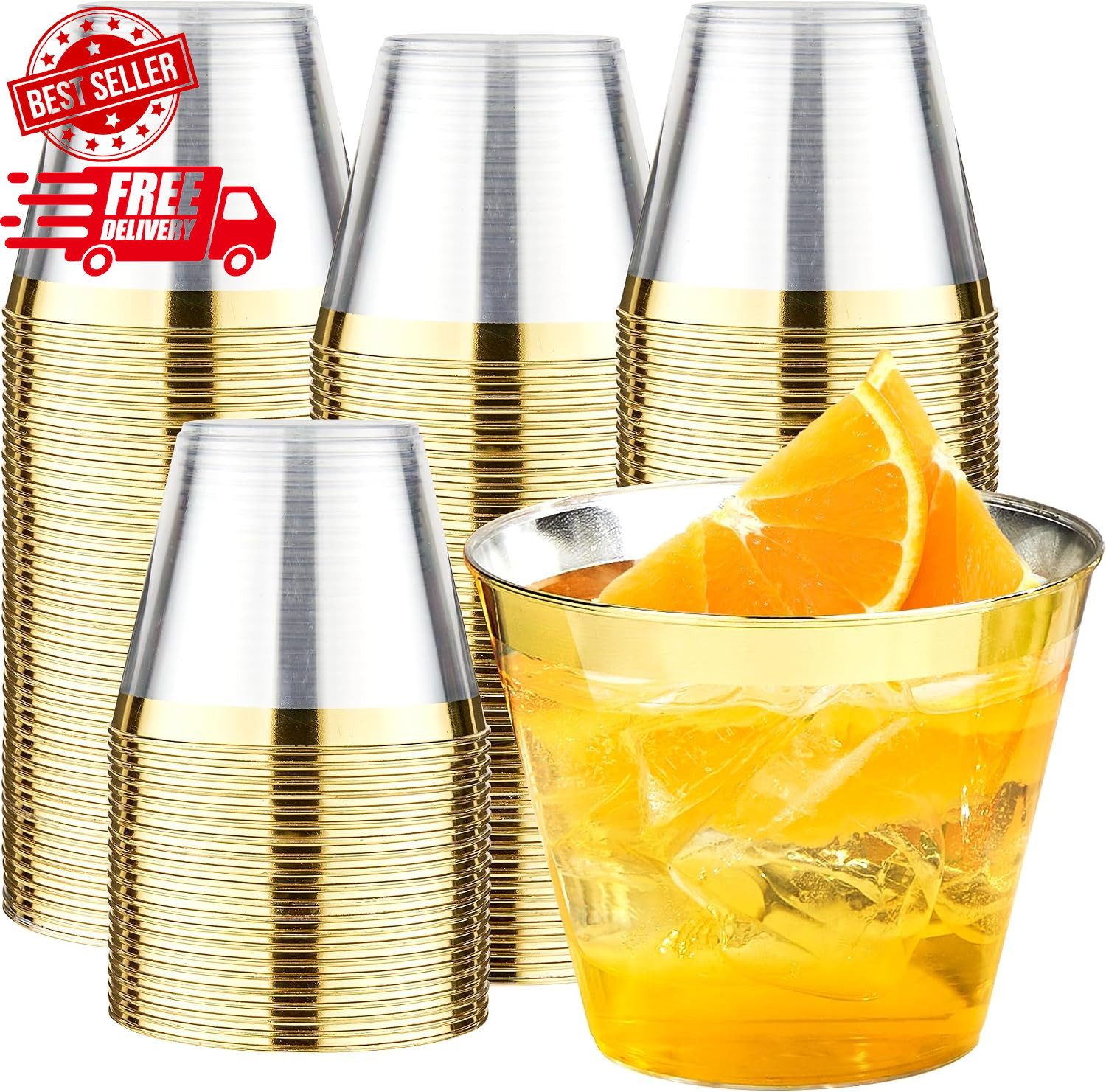 100 Pack 9 oz Gold Plastic Cups Tumbler, Disposable Cups with Gold Rim for Pa…