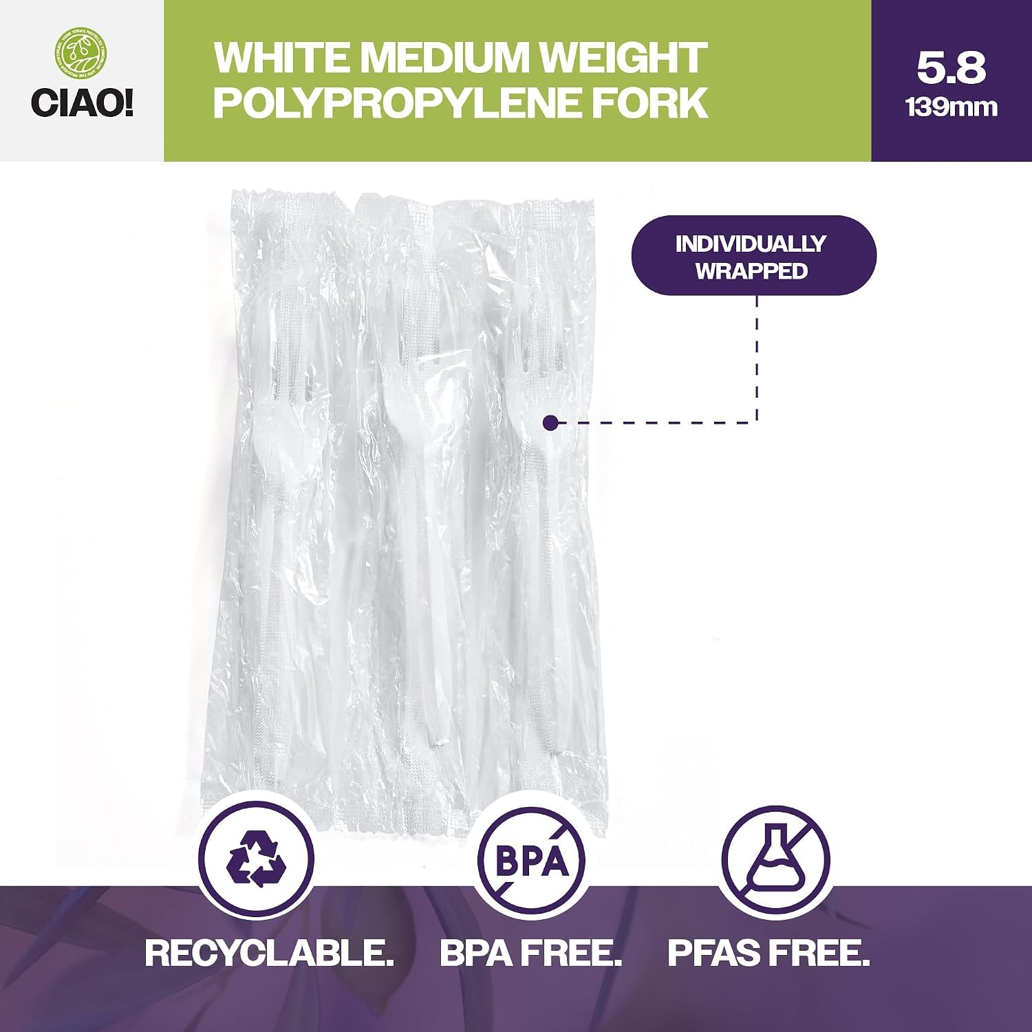 5.8″ Medium Weight Disposable White Fork Polypropylene Individually Wrapped