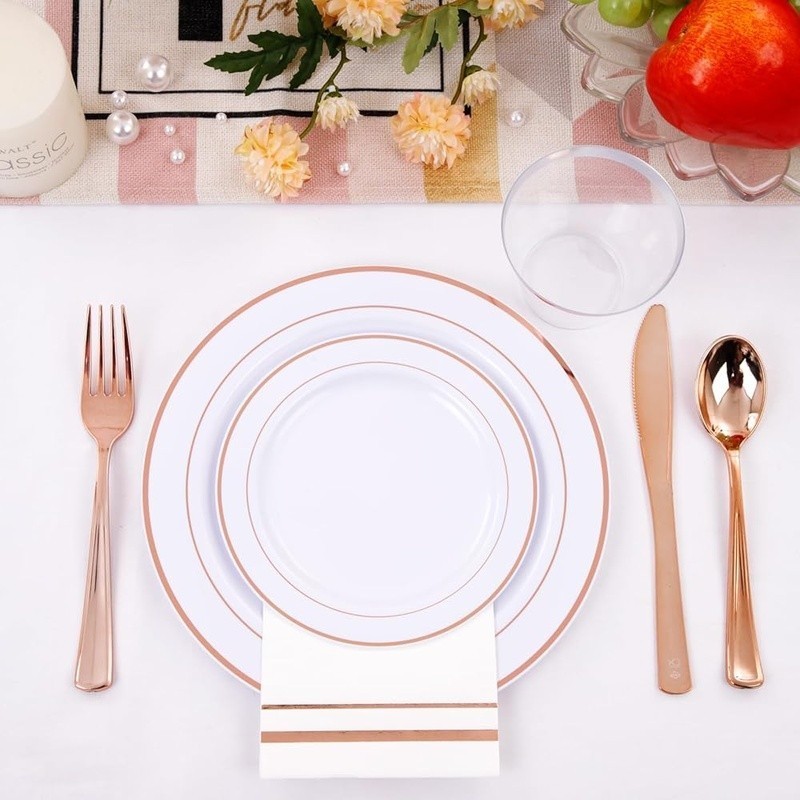 Rose Gold Disposable Plates Cups Cutlery Napkins Party Supplies Set 150pcs New
