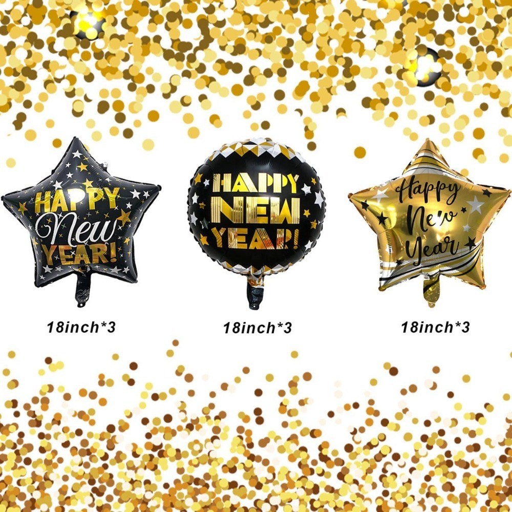 News Years Balloons Decorations – 9pcs Black and Gold New Year Balloons Happy