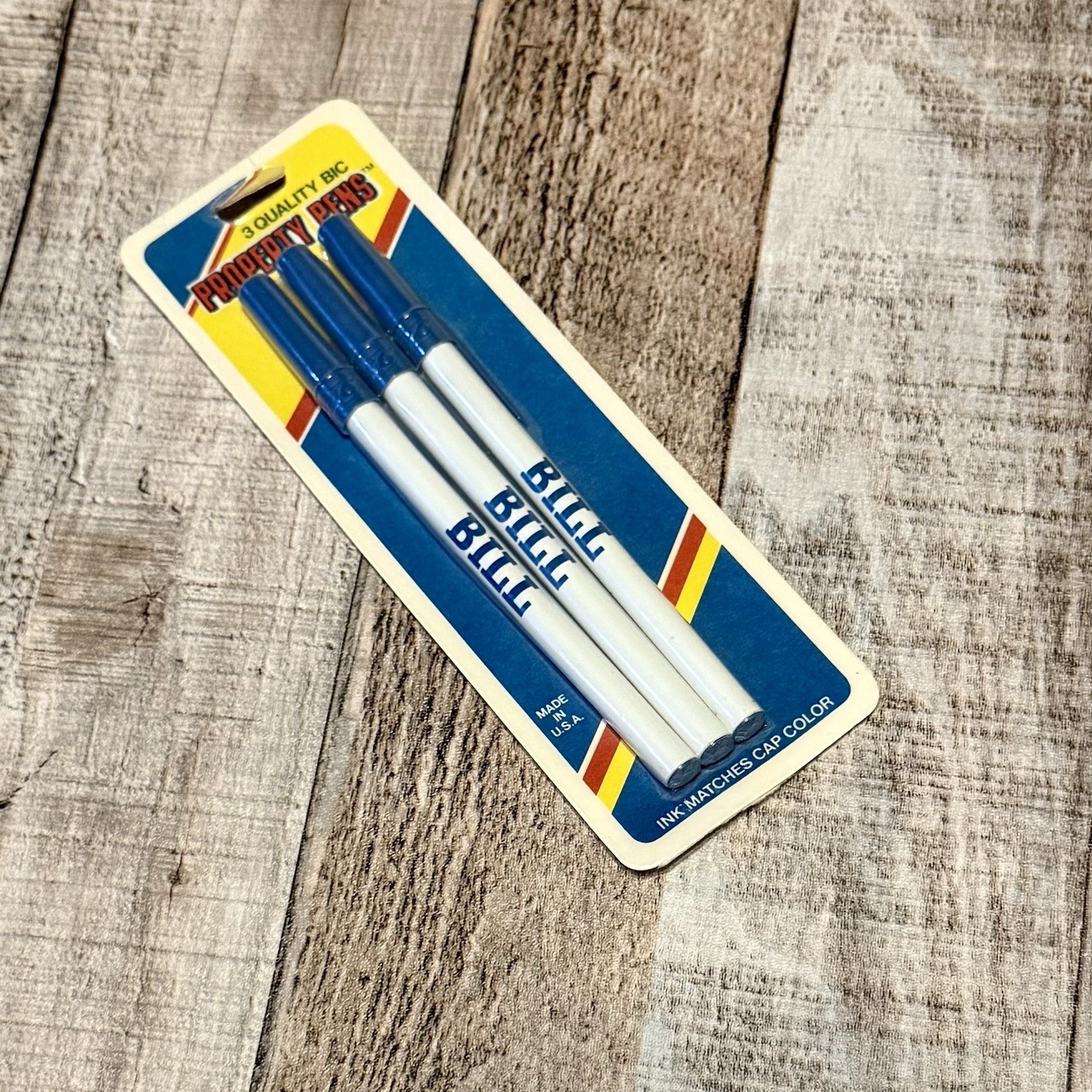 Vintage 1987 pack of 3 Quality Bic Property Pens ” Bill ” blue made in USA