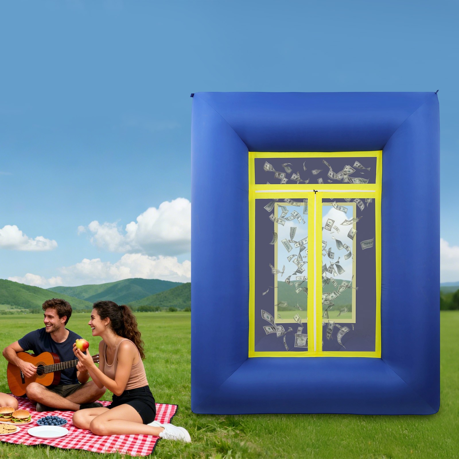 Inflatable Money Machine Booth 78.74*42.52*106.3in Cash Grab Game Cube