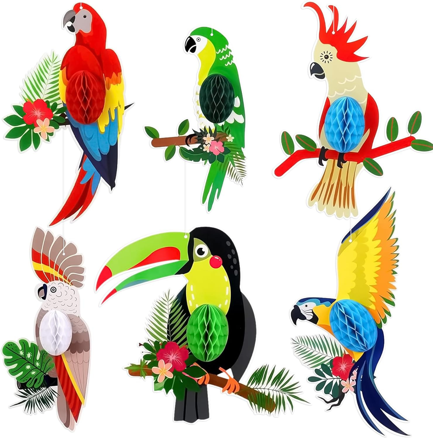 6 Pieces Tropical Birds Honeycomb Cutouts, Large Parrot Hanging Decor Parrot Hon