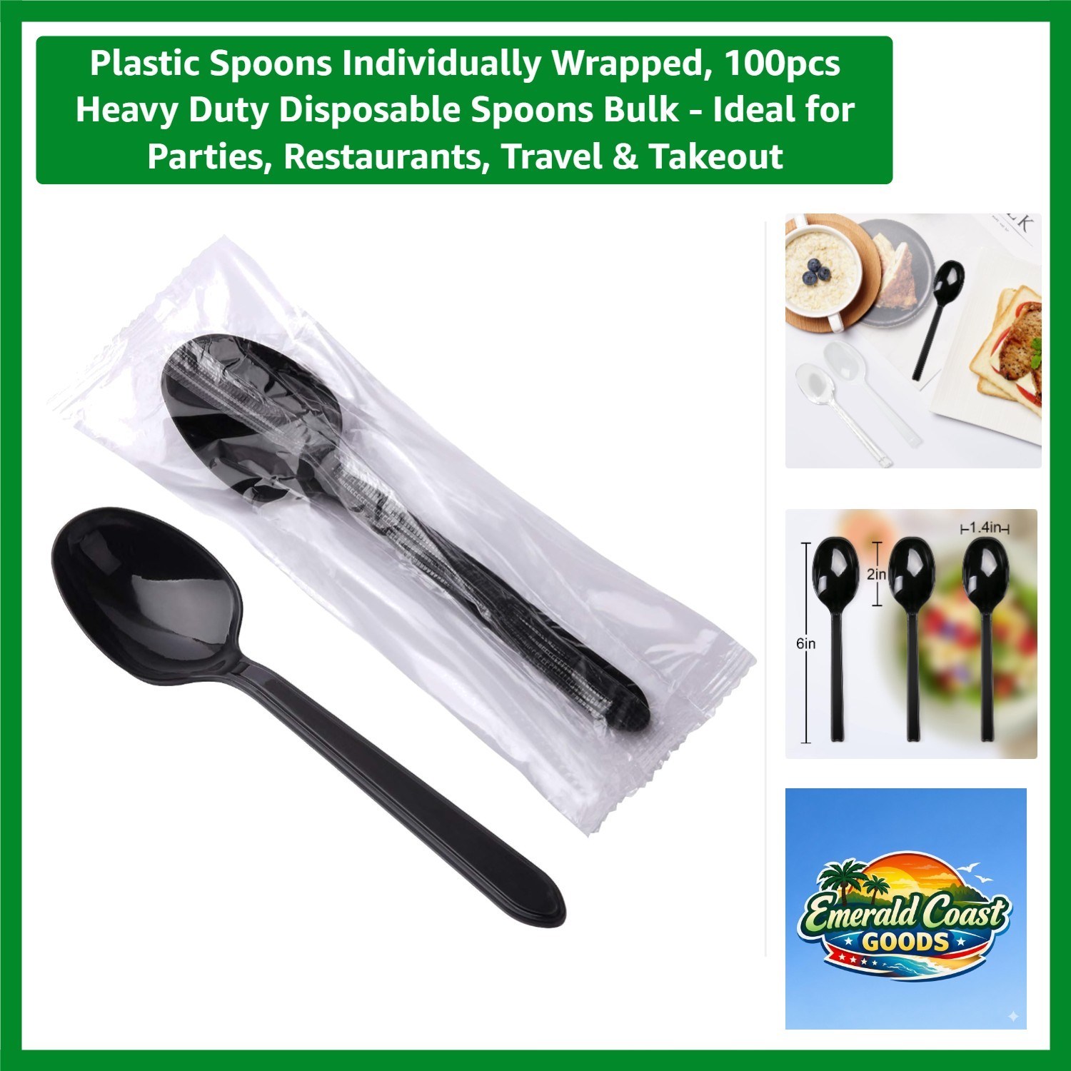 Versatile Black Plastic Spoons, 100pcs Individually Wrapped – For Home & Takeout