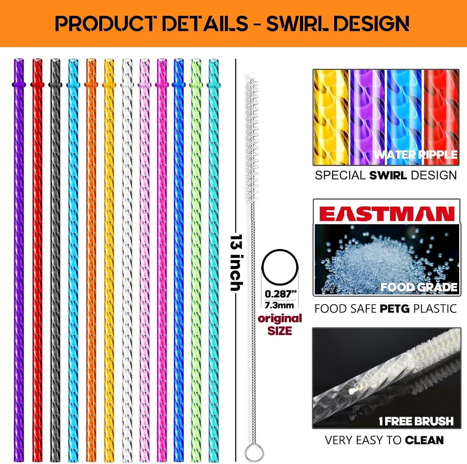 ALINK 12-Pack Reusable Plastic Clear Swirl Straws, 13″ Extra Long Colorful Hard