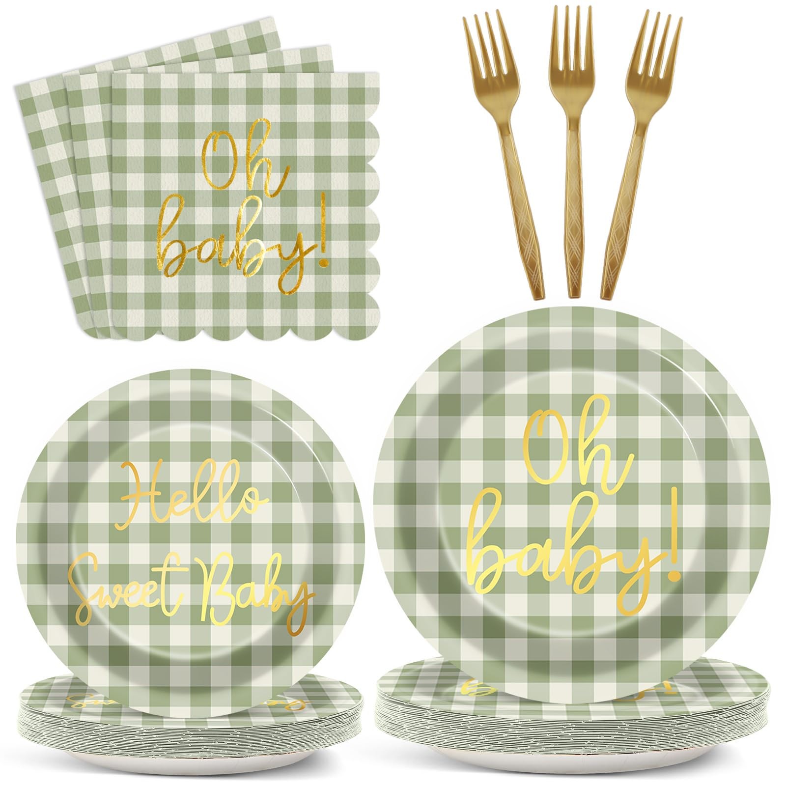96PCS Sage Green Baby Shower Decorations Gold Sage Green Checkered Plates Sca…
