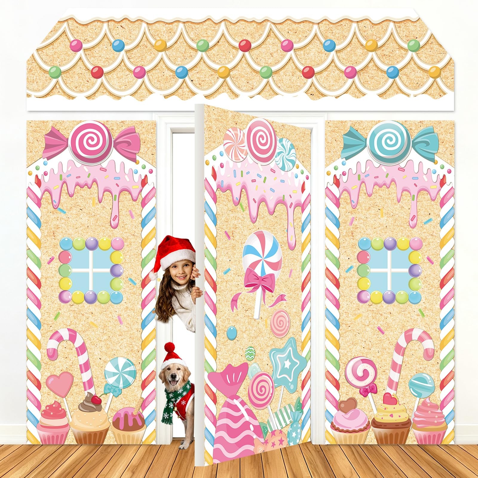 4Pcs Christmas Sweet Candyland Door Cover Hanging Banner Porch Sign Large Col…