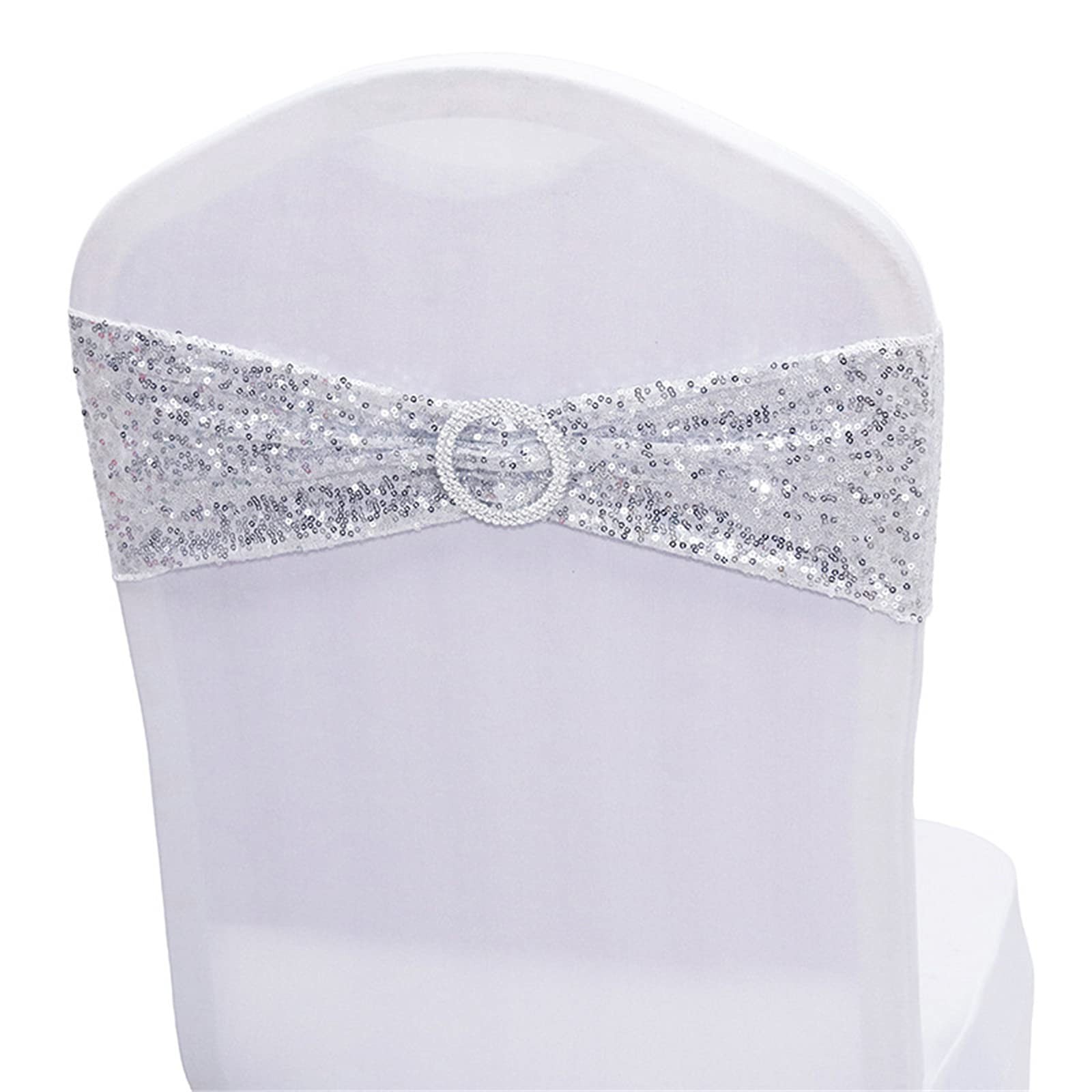 50 PCS Silver Stretch Sequin Chair Sashes Spandex Bands Wedding Event Decor