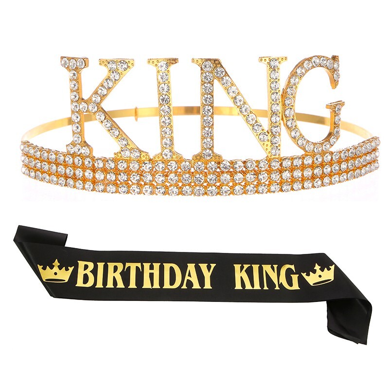 Birthday King Tiara Sash set, Birthday gifts for men, Gold tiara blue sash
