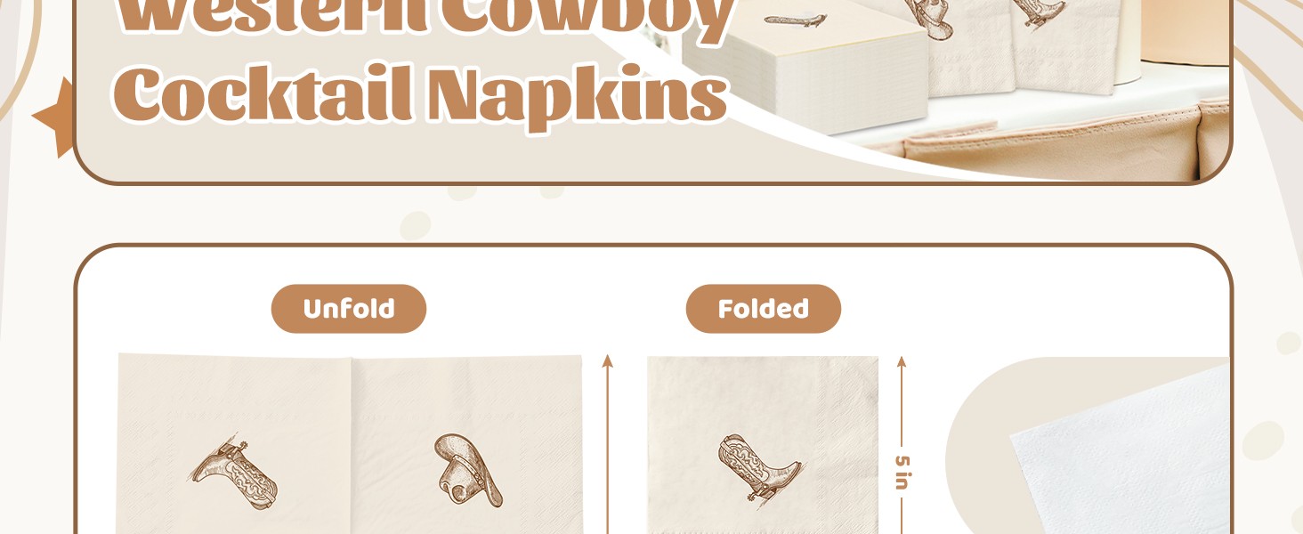 50Pcs Western Cowboy Cocktail Napkins, Brown Boot & Hat | Cowgirl Beverage