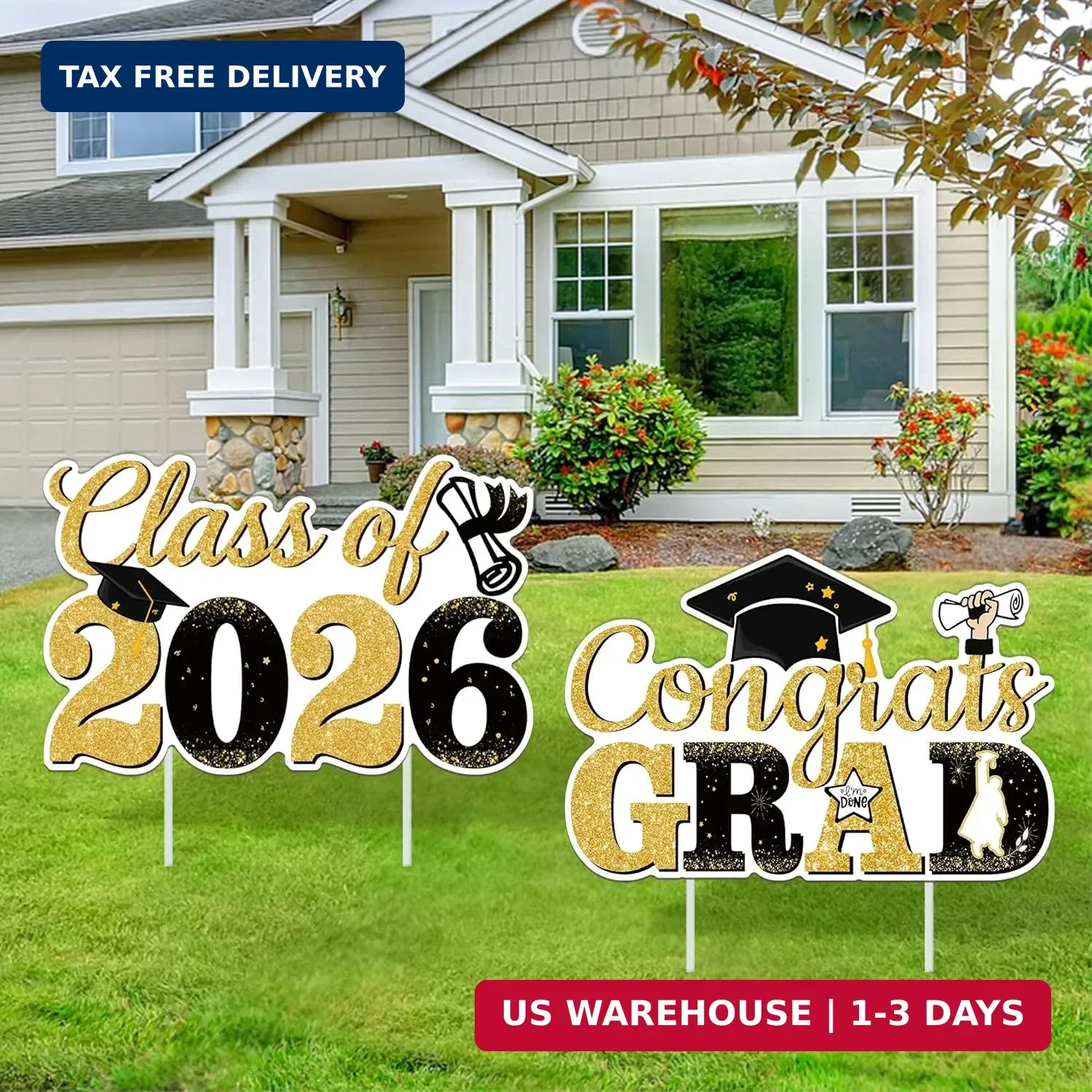 Graduation Yard Signs Class of 2026, 2 PCS Black and Gold 2026 Graduation Decora