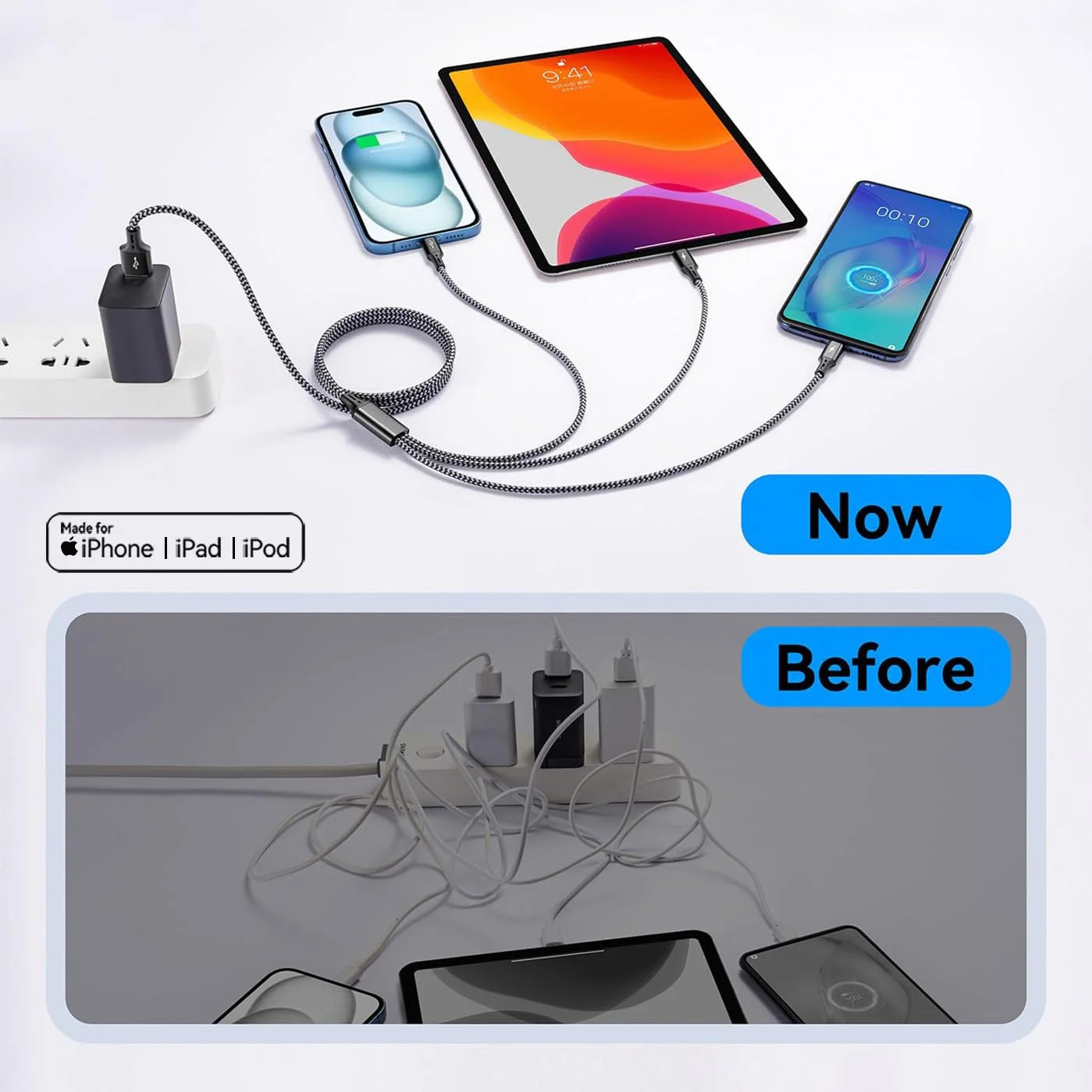 3 in 1 Multiple Charging Cord, Braided Multi Charger Cable USBC Charging