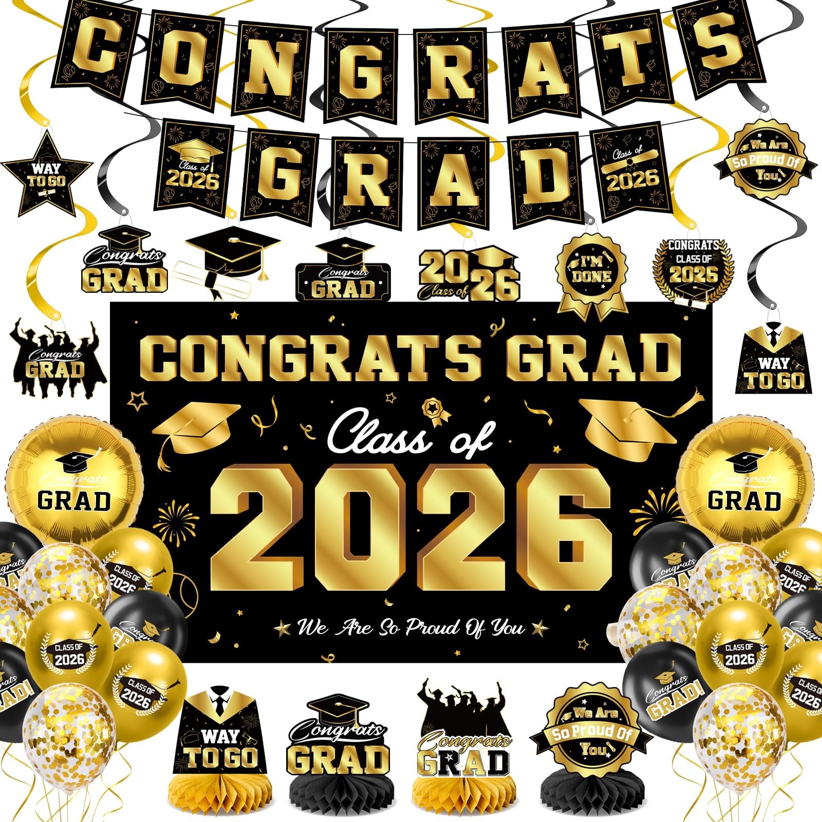 Class of 2026 Graduation Party Decor Kit Black Gold Banner Balloons Centerpieces
