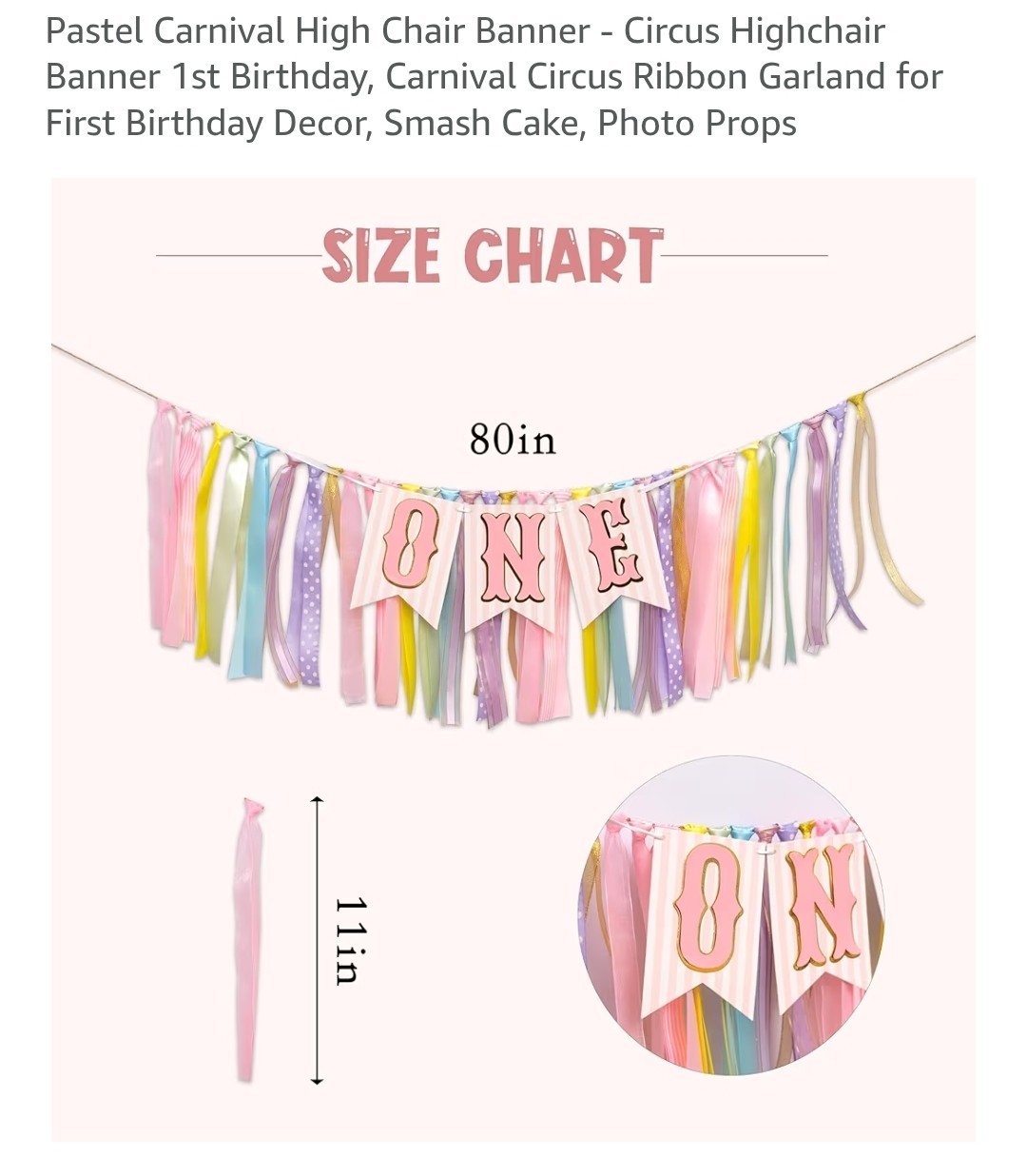 Pastel Carnival Circus High Chair Banner ONE 1st Birthday Ribbon Garland 80 in