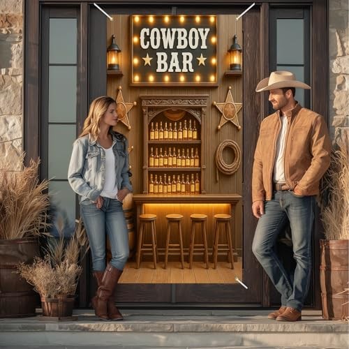 Cowboy Bar Door Cover 71×35 Inch Rustic Saloon Backdrop – Western Wild West#11