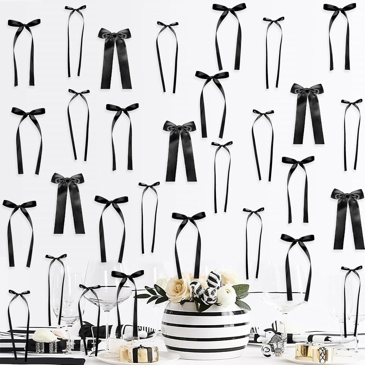 Black Bow Birthday Decorations, 3 Sizes | 45Pcs Black Ribbon Bow Wall Decor, DIY