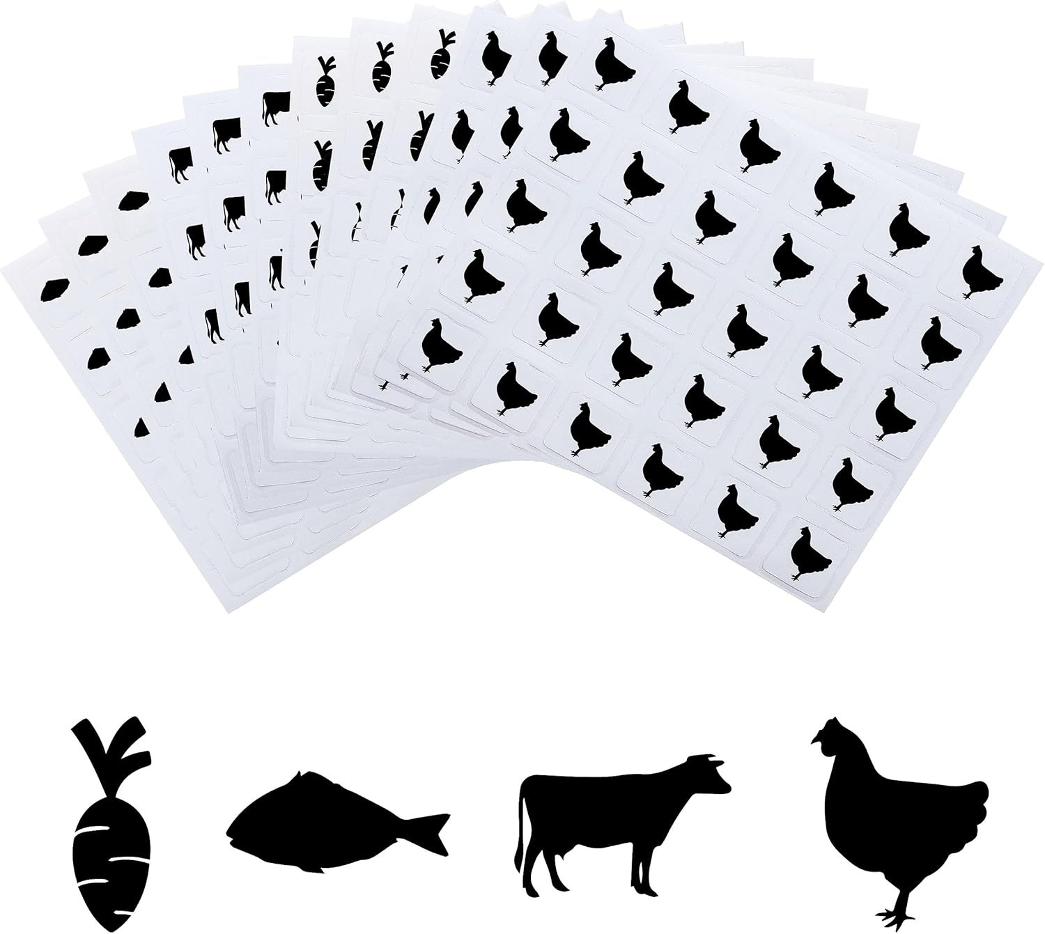 2400Pcs 0.5 Inch Silver Meal Stickers – Cow/Chicken/Fish/Carrot Design