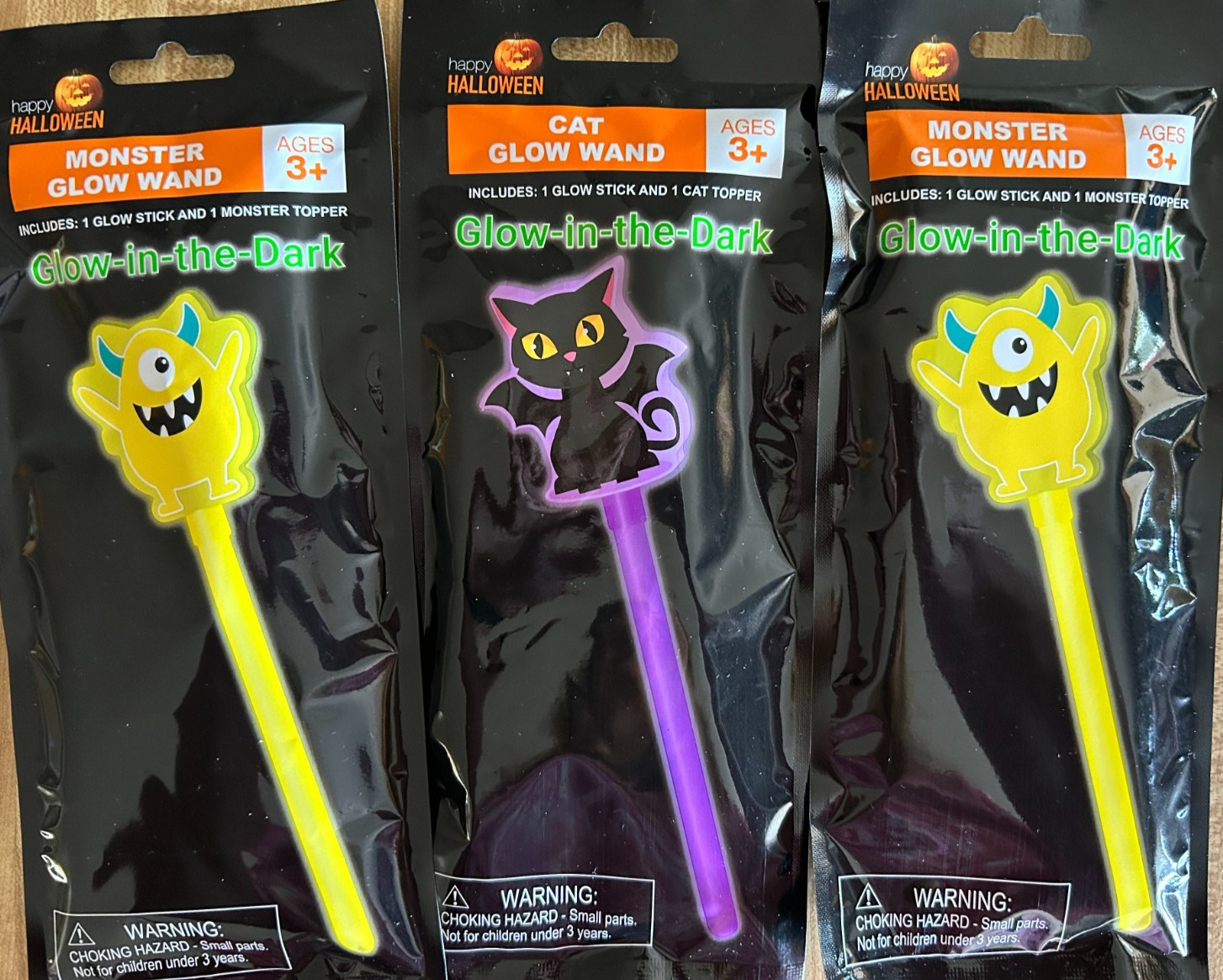 3 Halloween 7.5″ Glow Stick Wands NEW Yellow Monster & Purple Cat Toppers