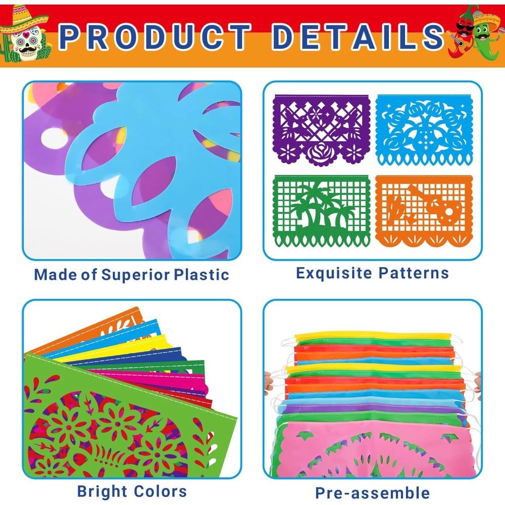 6Pack Fiesta Banner 108FT Cinco De Mayo Party Decorations 9 Plastic Papel Picado