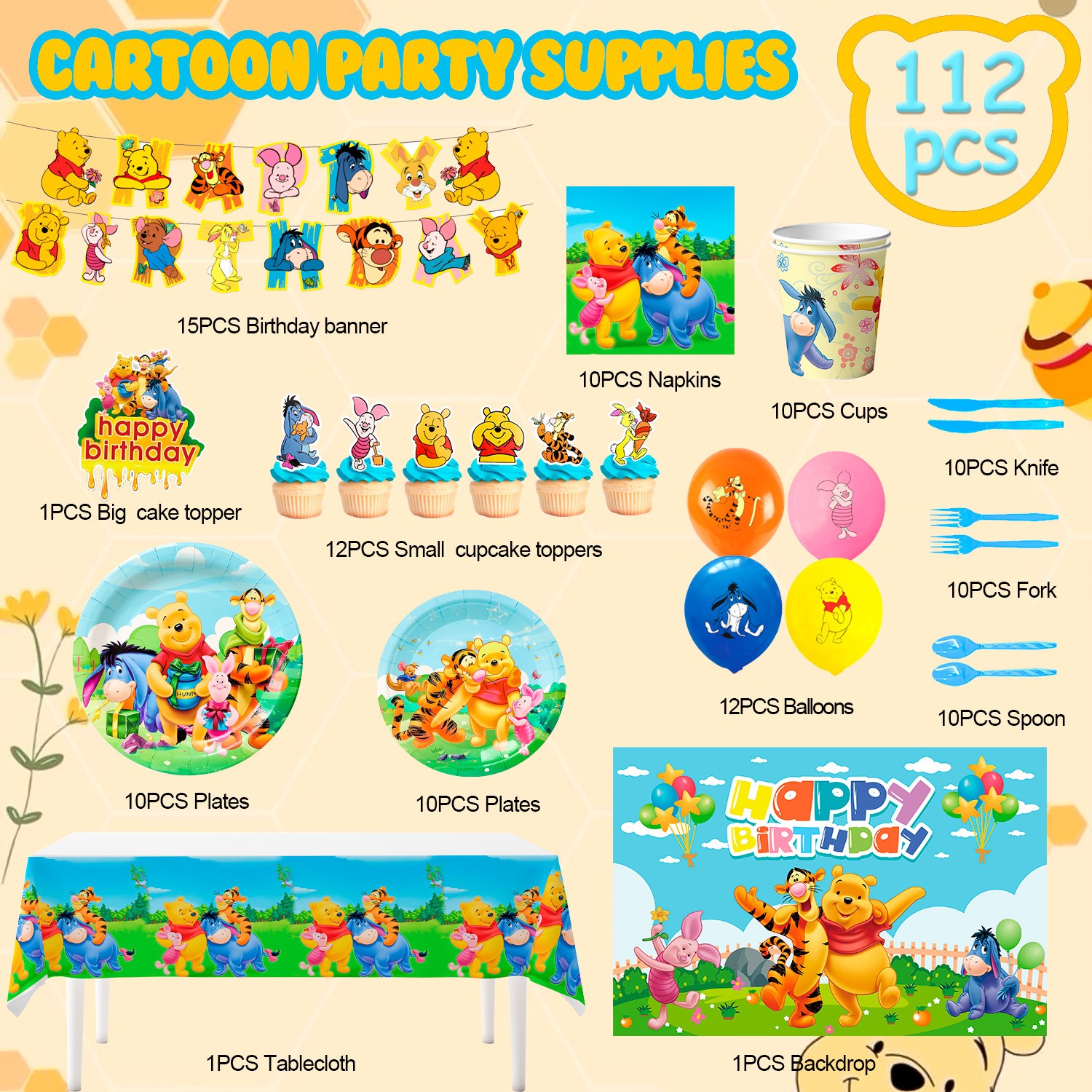 112 Pcs Disney Winnie The Pooh Party Supplies Party Decor Plates Balloon Banner